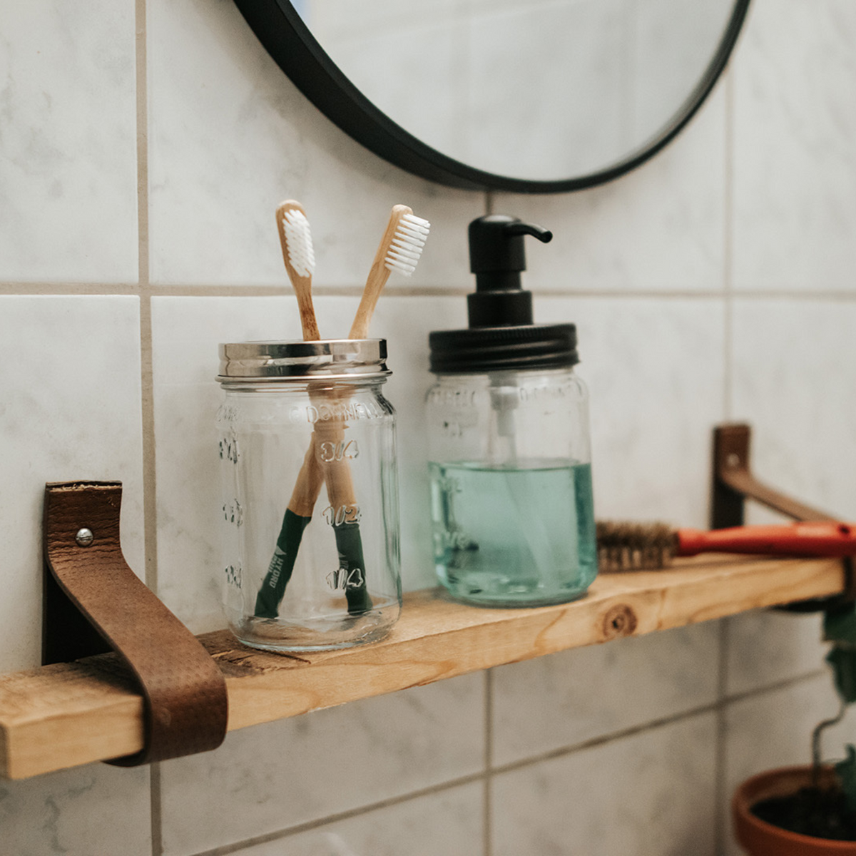 O'Donnell Moonshine soap dispenser lid in bathroom